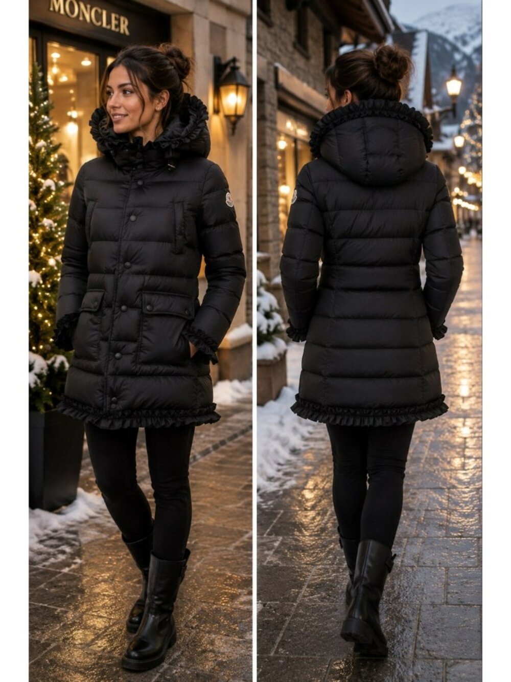 MONCLER “Serre” Ruffled Puffer Coat Black Womens Small